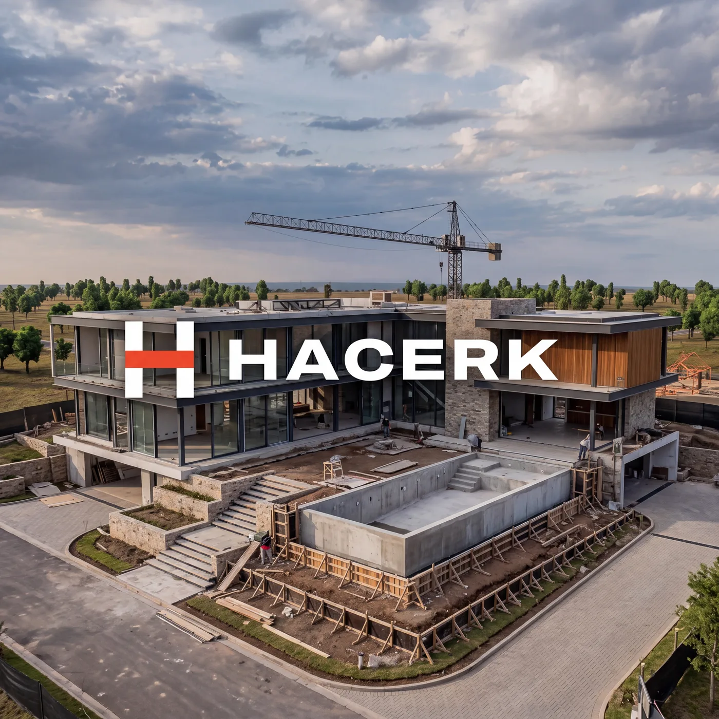 Aerial view of a house under construction with a crane and the Hacerk logo over the image