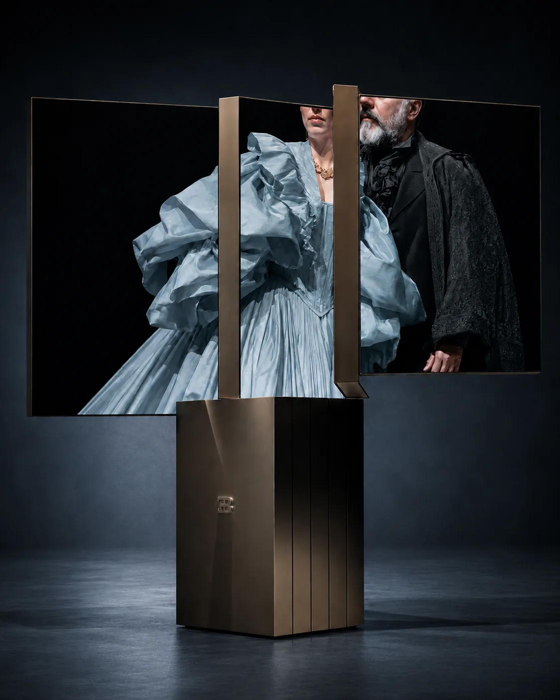 Curved screen with editorial images on a golden pedestal, Harmoni Systems brand imagery